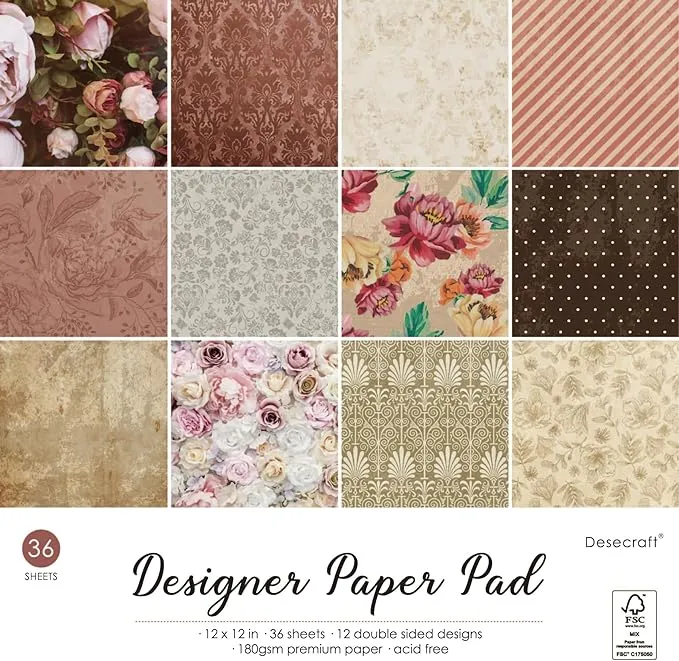 Desecraft Vintage Flora 12x12 in Double Sided Paper Pad Pack Scrapbook Cardstock Decorative Paper - 36 Sheets