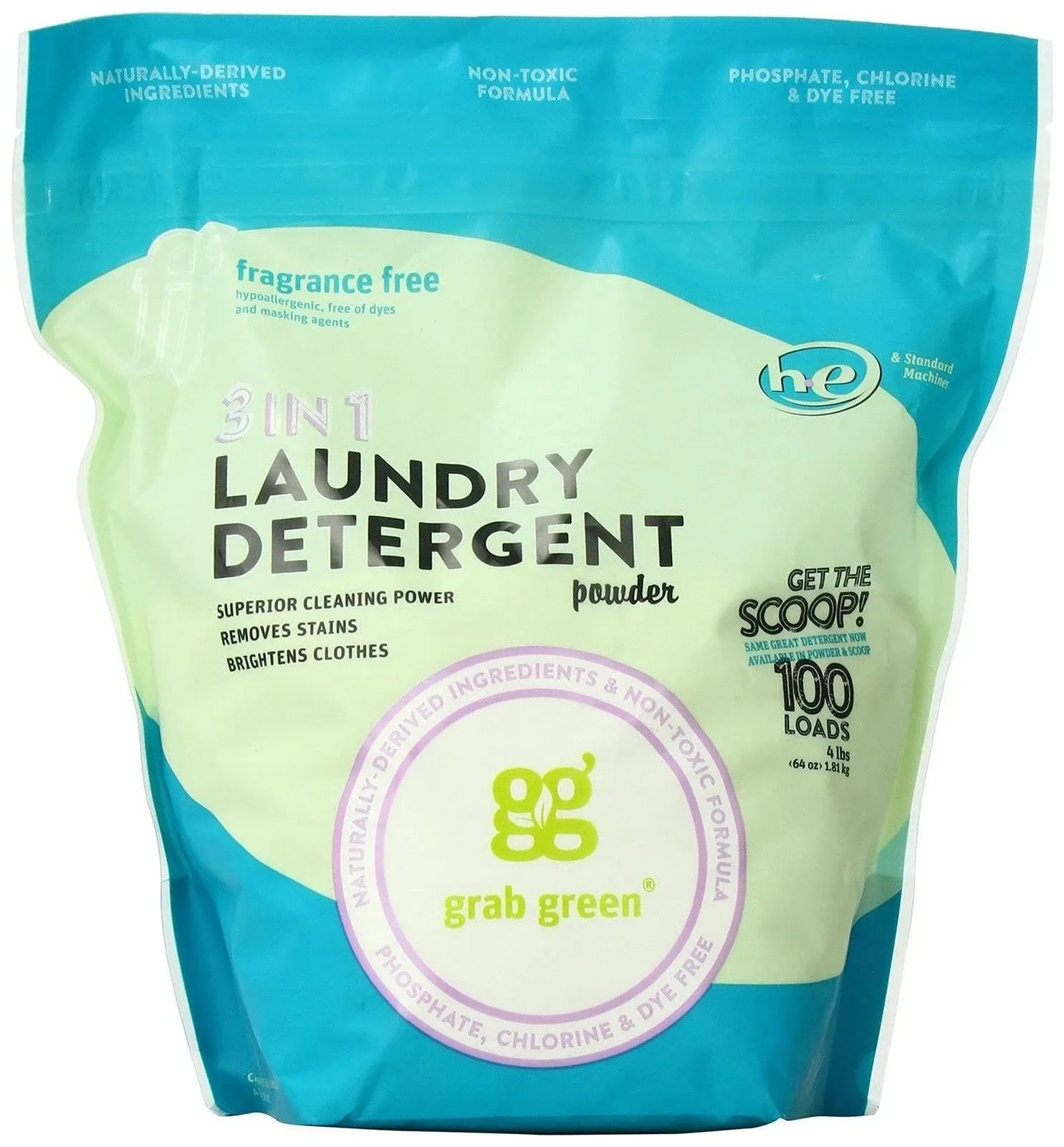 Grab Green - 3-in-1 Laundry Detergent Powder, Fragrance Free - 100