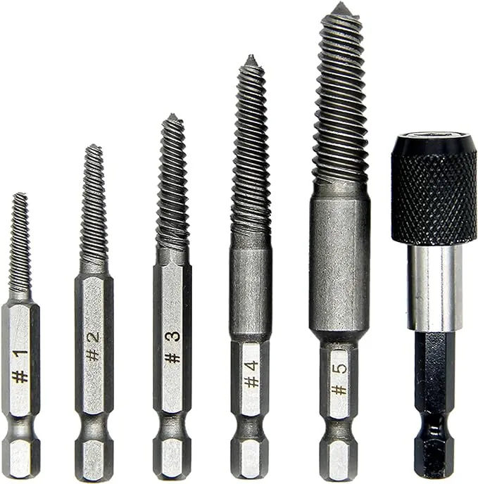 KEWAYO 6-Piece Damaged Screw and Broken Bolt Extractor Set - Quick Change Arbors, Fine Thread, Stud Remover Tool Kit