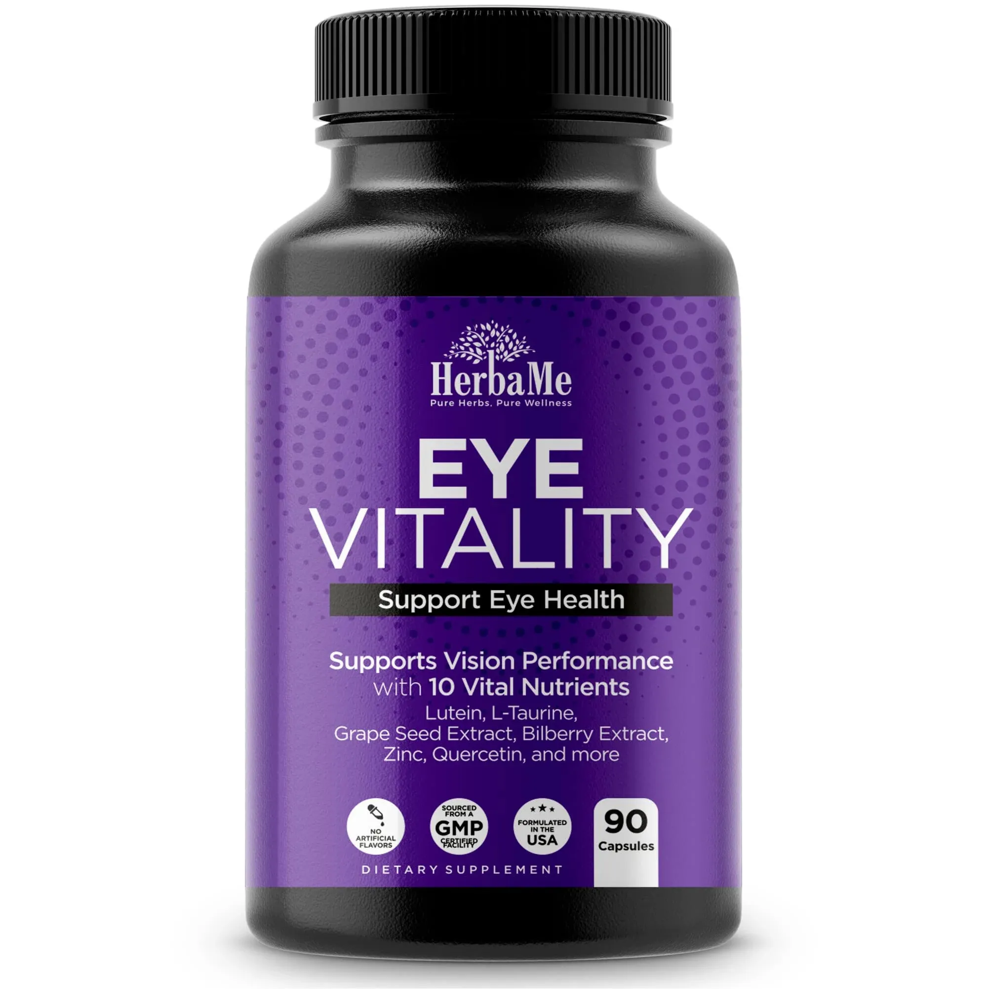 Eye Vitamins Supplement with Lutein, Bilberry, Beta Carotene, L-Taurine, Zinc and Quercetin, 90 Capsules, Supports Vision, Ocular and Macular Health, Helps Eyes Filter Blue Light