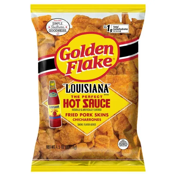 GOLDEN FLAKE LOUISIANA HOT SAUCE FRIED PORK SKINS (2) 4.5oz BAGS