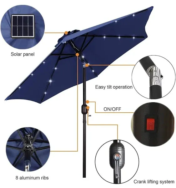 Blissun 7.5 ft Solar Umbrella, 18 LED Lighted Patio Umbrella, Table Market Um...