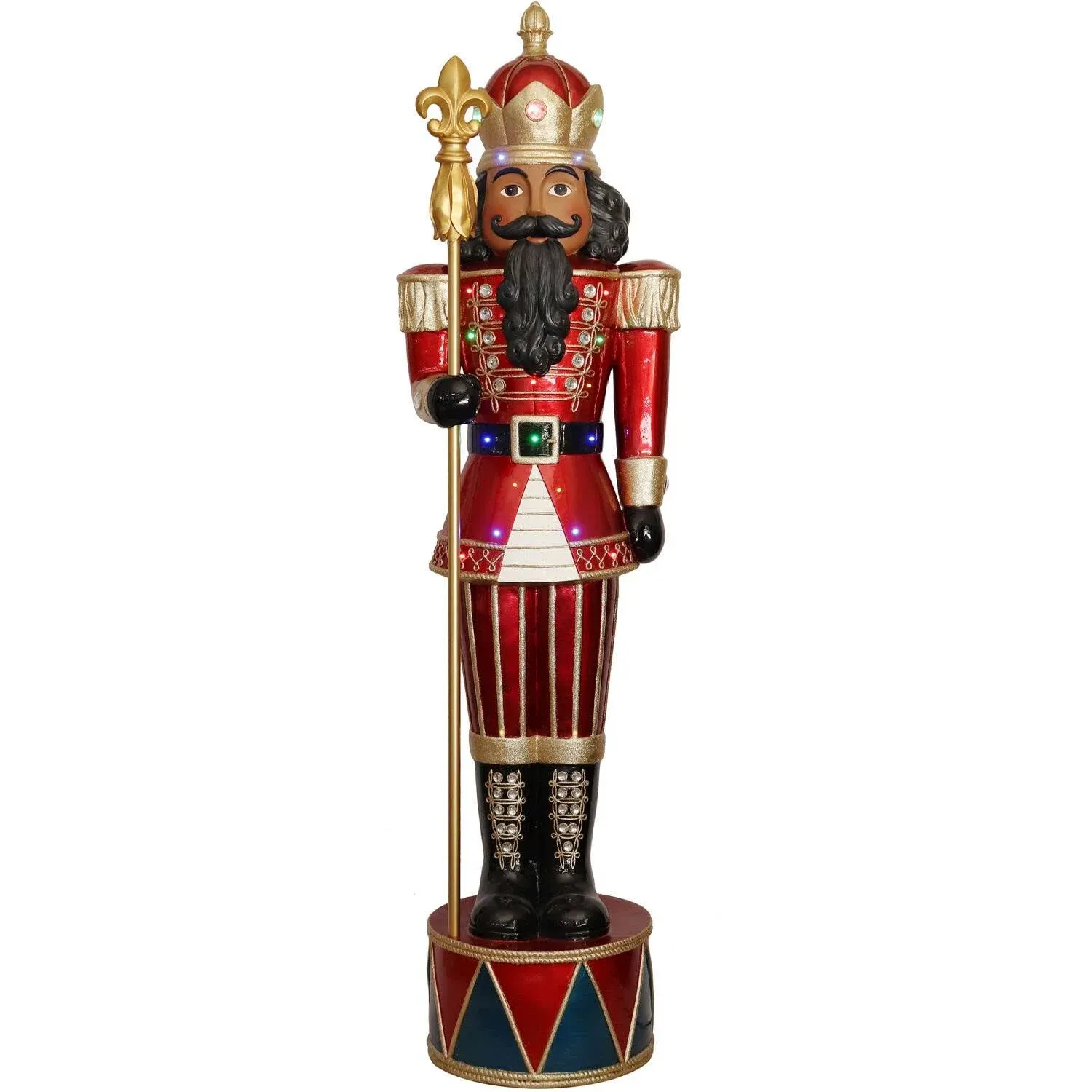 Fraser Hill Farm Life-Size Christmas Décor, 6-FT. Pre-Lit Jeweled African American Nutcracker Greeter with Staf, FFRS065-NC1-RDAA