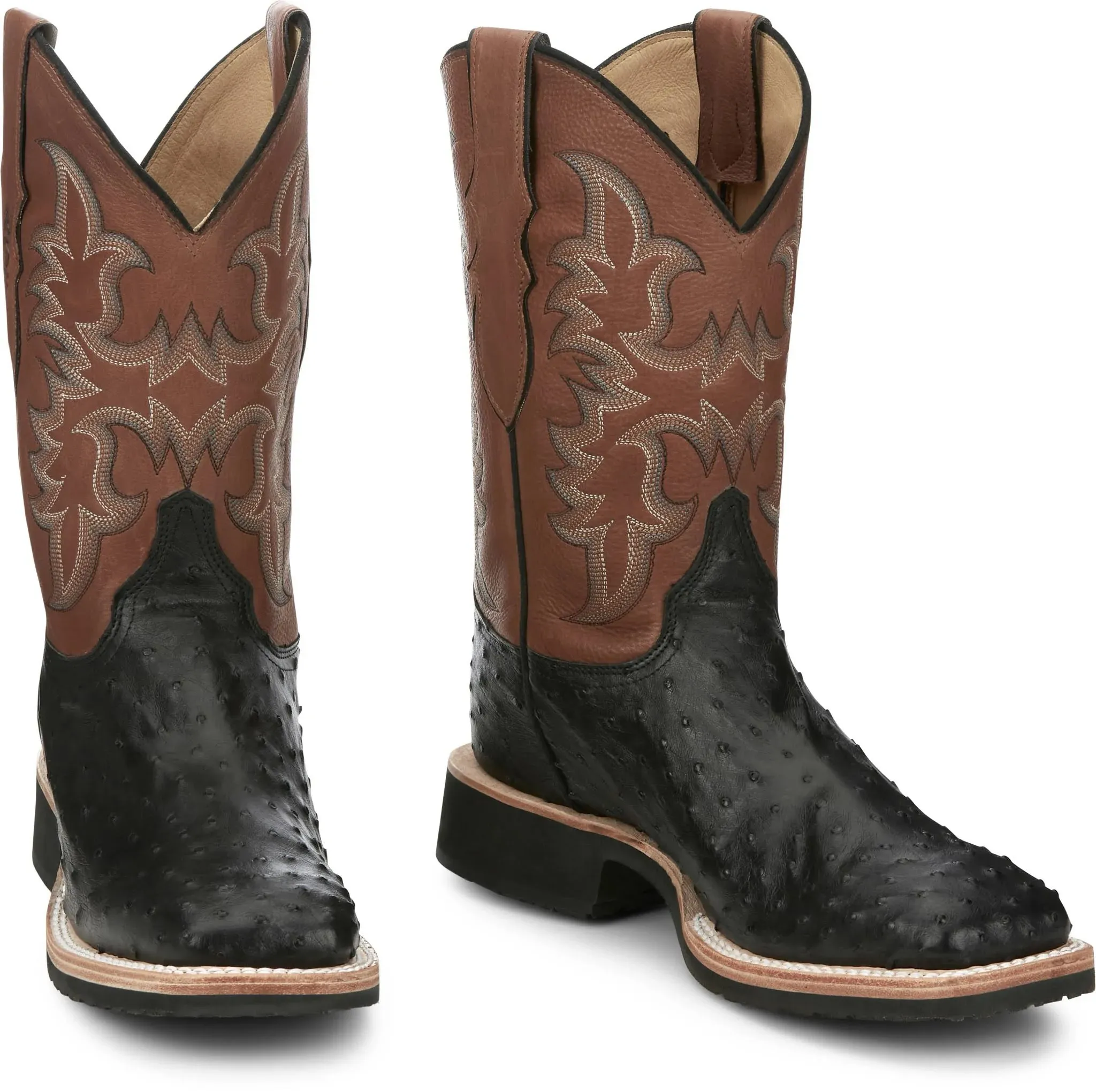 Justin Boots Men's AQHA Drover Black Full Quill Ostrich 11 in Oak Cowhide Top Crepe Sole Cowboy Boot