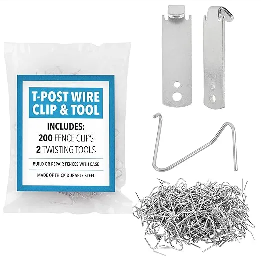 [202 Pieces] T Post Wire Fence Clips & Wire Twister Tool for Building or Repairing Fences - 200 Fence Post Clips & 2 Extra Thick Clip Bender Tools - Fencing Tools - T Post Clips - T Post Clip Tool