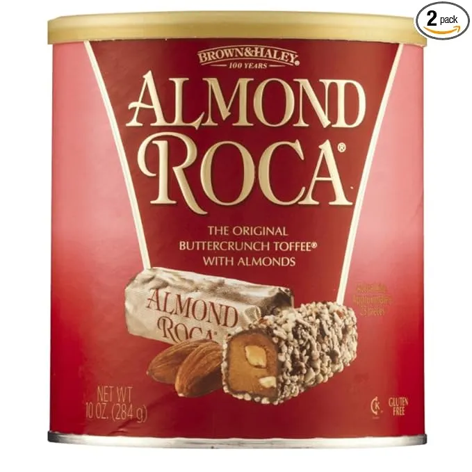 Brown & Haley Almond ROCA Canister, Individually Wrapped Chocolate Candy, Classic Buttercrunch Toffee with Almonds, 10 Ounces (Pack of 4)