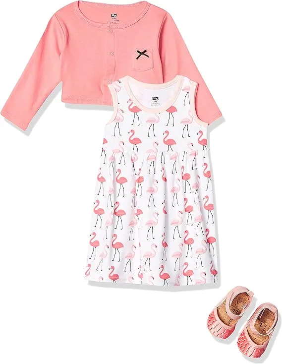 Hudson Baby baby-girls Cotton Dress, Cardigan and Shoe Set