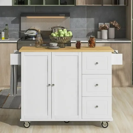 52.7 Rolling Kitchen Island with Solid Wood Top and Locking Wheels Drop Leaf Breakfast Bar Trolley Cart with Cabinet 3 Drawers Spice Rack Towel Rack Kitchen&Dining Room Utensils Organizer White