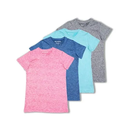 Real Essentials 4 Pack: Girls Short Sleeve Dry-Fit Crew Neck Active Athletic Performance T-Shirt