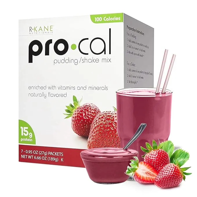 R-Kane Nutritionals Pro-Cal Pudding/Shake Mix, Low Calorie Protein Shake Powder, Meal Replacement Shakes, Strawberry-Flavored Boost Drink, Kosher, 15g Protein, 7 Packets per Box