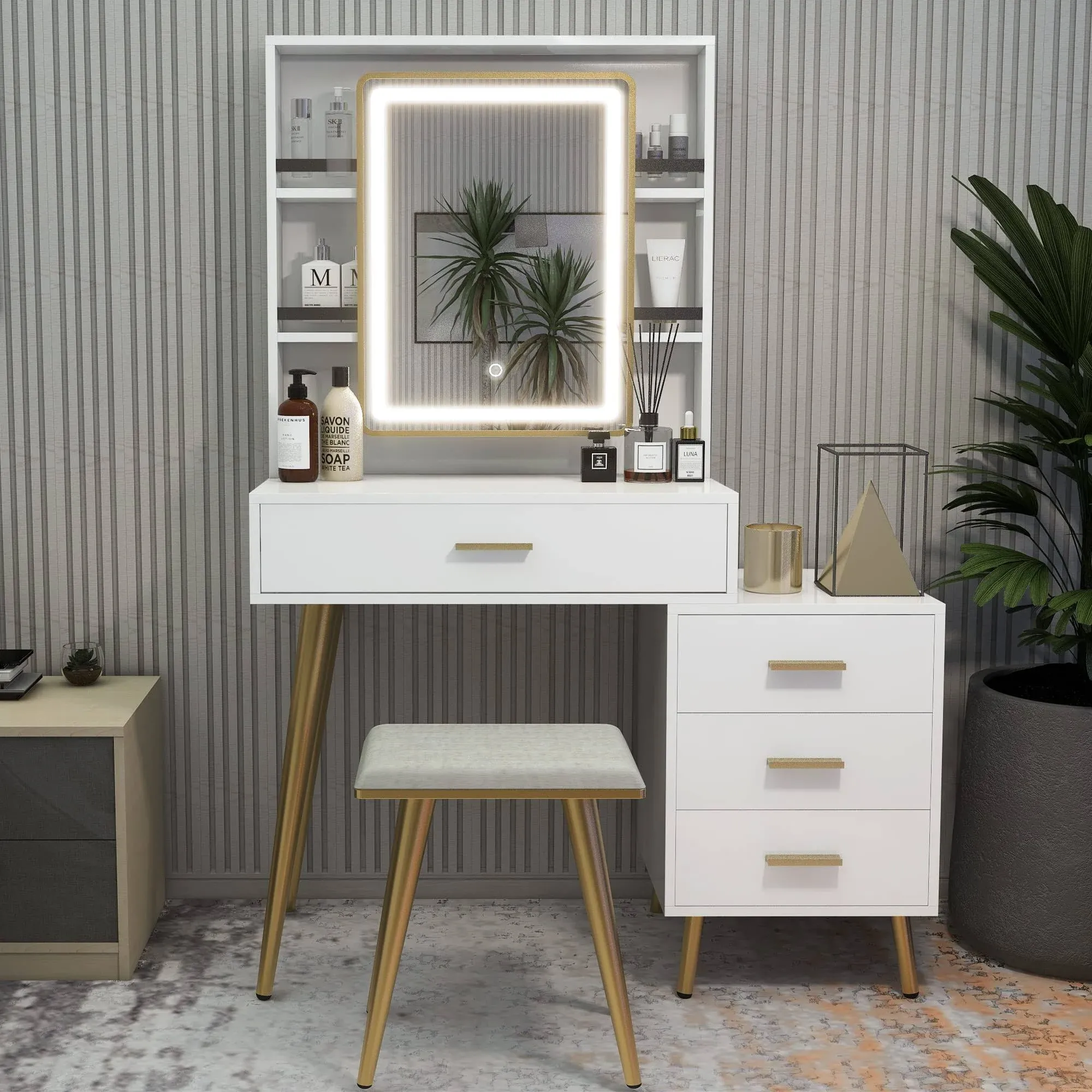 Neutype Vanity Desk with Mirror and Lights, Makeup Vanity with 4 Drawers, Vanity ...