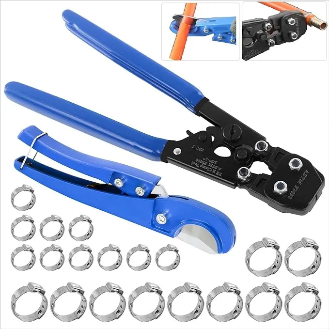 PEX Pipe Clamp Cinch Tool Crimping Tool Crimper for Stainless Steel Clamps from 3/8-inch to 1-inch with 1/2-inch 20PCS and 3/4-inch 10PCS SS PEX Clamps,with Pipe Cutter in Plastic Box