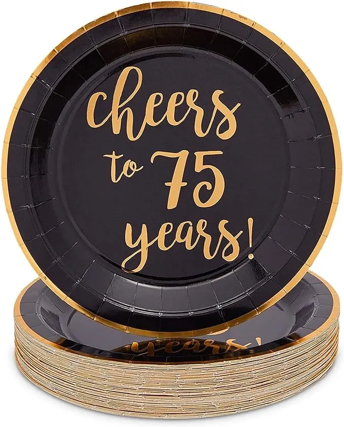 Sparkle and Bash Black Paper Plates for 75th Party, Cheers to 75 Years (9 In, 48 Pack)