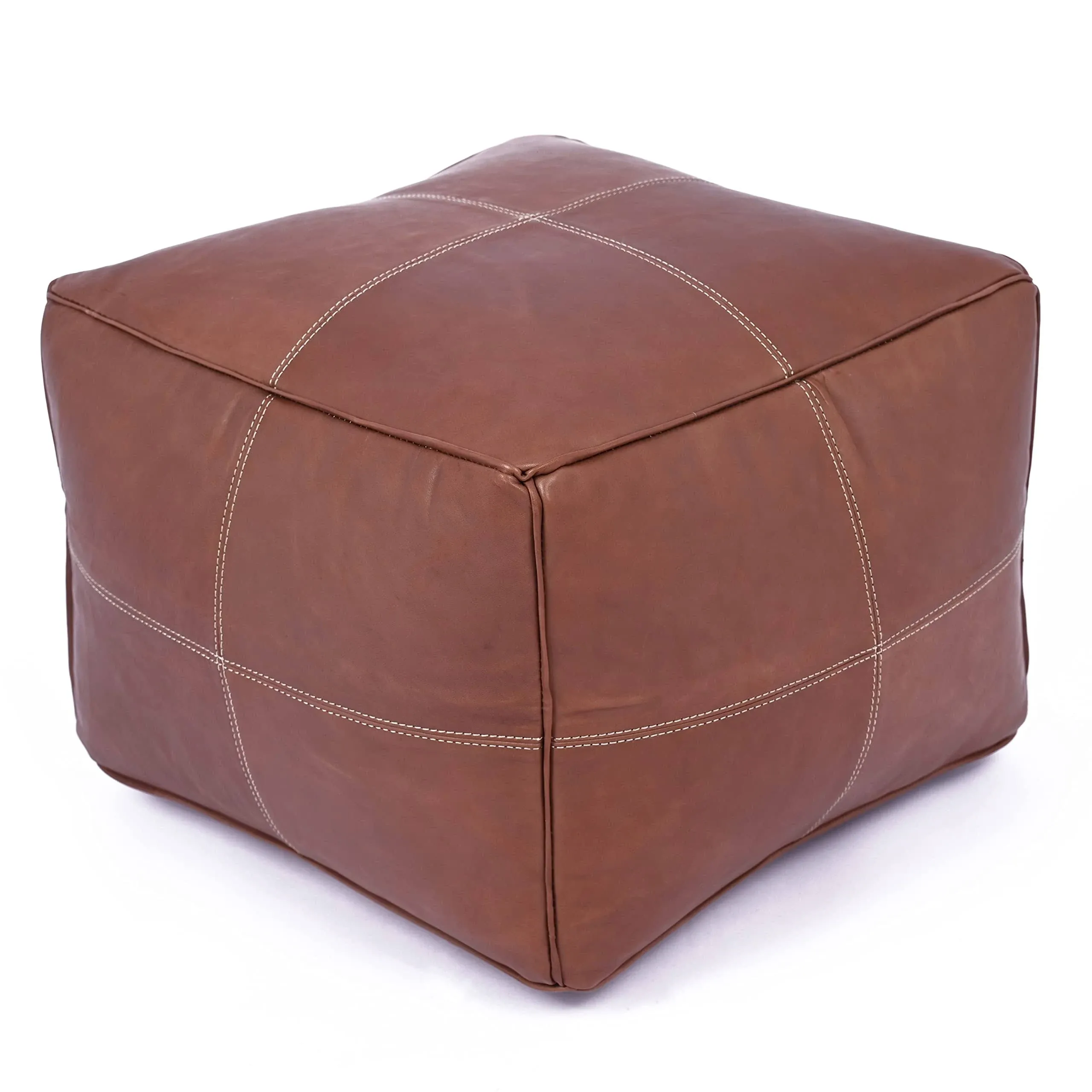 Leather Square Pouf Ottoman Cover - Hand Stitched by Moroccan Artisans