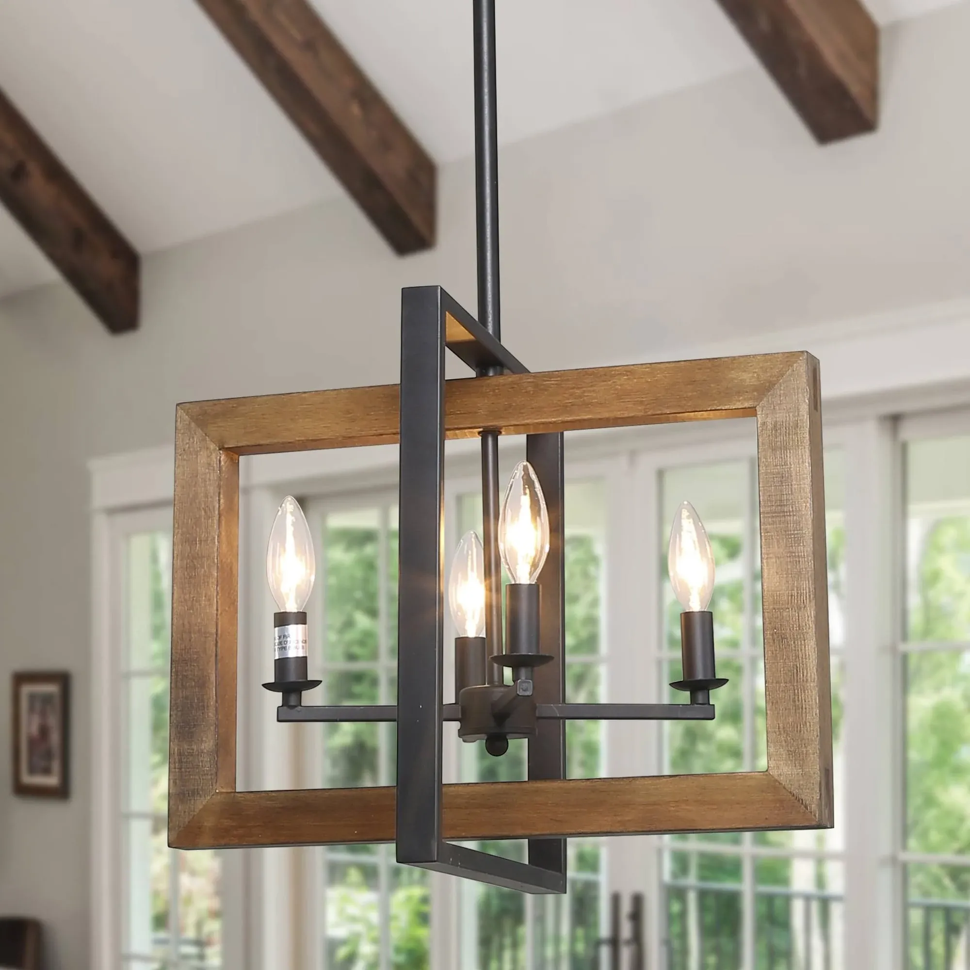 4-Light Black Modern Farmhouse Geometric Caged Wood Candelabra Chandelier LED Compatible Pendant Lighting A03430