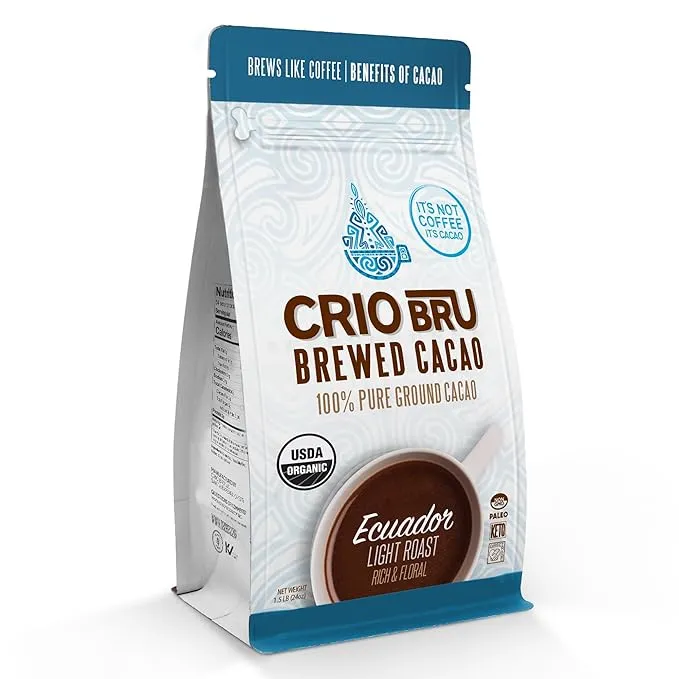 Crio Bru Ecuador Light Roast | Organic Healthy Brewed Cacao Drink | Great Substitute to Herbal Tea and Coffee | 99% Caffeine Free Gluten Free Whole-30 Low Calorie Honest Energy | Brew and Enjoy Hot or Iced (24ozFBM)