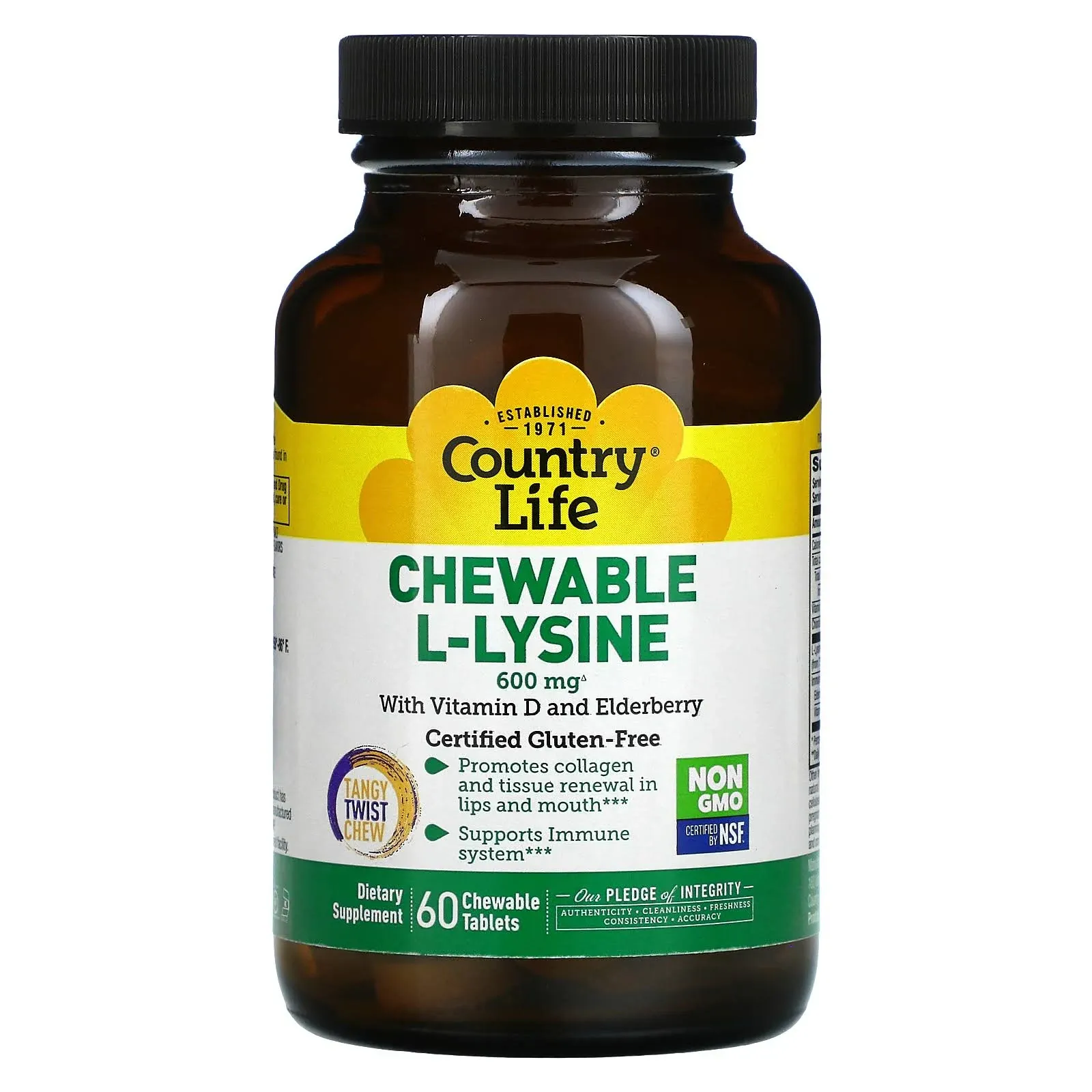 Country Life Chewable L-Lysine 600mg - 60 Tabs - Supports Immune Health - Supports Natural Collagen Production - Vitamin D - Elderberry - Great TasteCountry Life Chewable L-Lysine 600mg - 60 Tabs - Su…