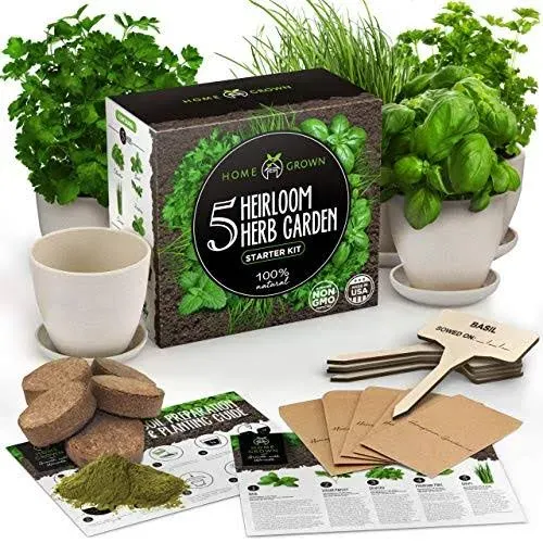 Indoor Herb Garden Starter Kit - 5 Herb Plant Grow Kit w/Pots & Soil - DIY Heirloom Herb Seeds Home Gardening Kit - Kitchen Window Garden Growing Kit - Unique Gardening Gifts for Women & Men