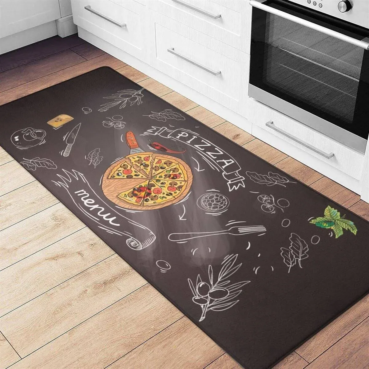 World Rug Gallery Pizza Menu 18 in. x 47 in. Black Anti-Fatigue Mat