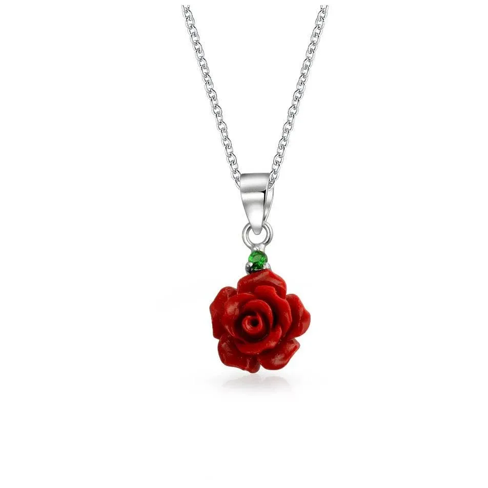 Romantic Delicate Floral Blooming 3D Red Rose Flower Green CZ Accent Pendant Necklace For Women For Teen .925 Sterling Silver