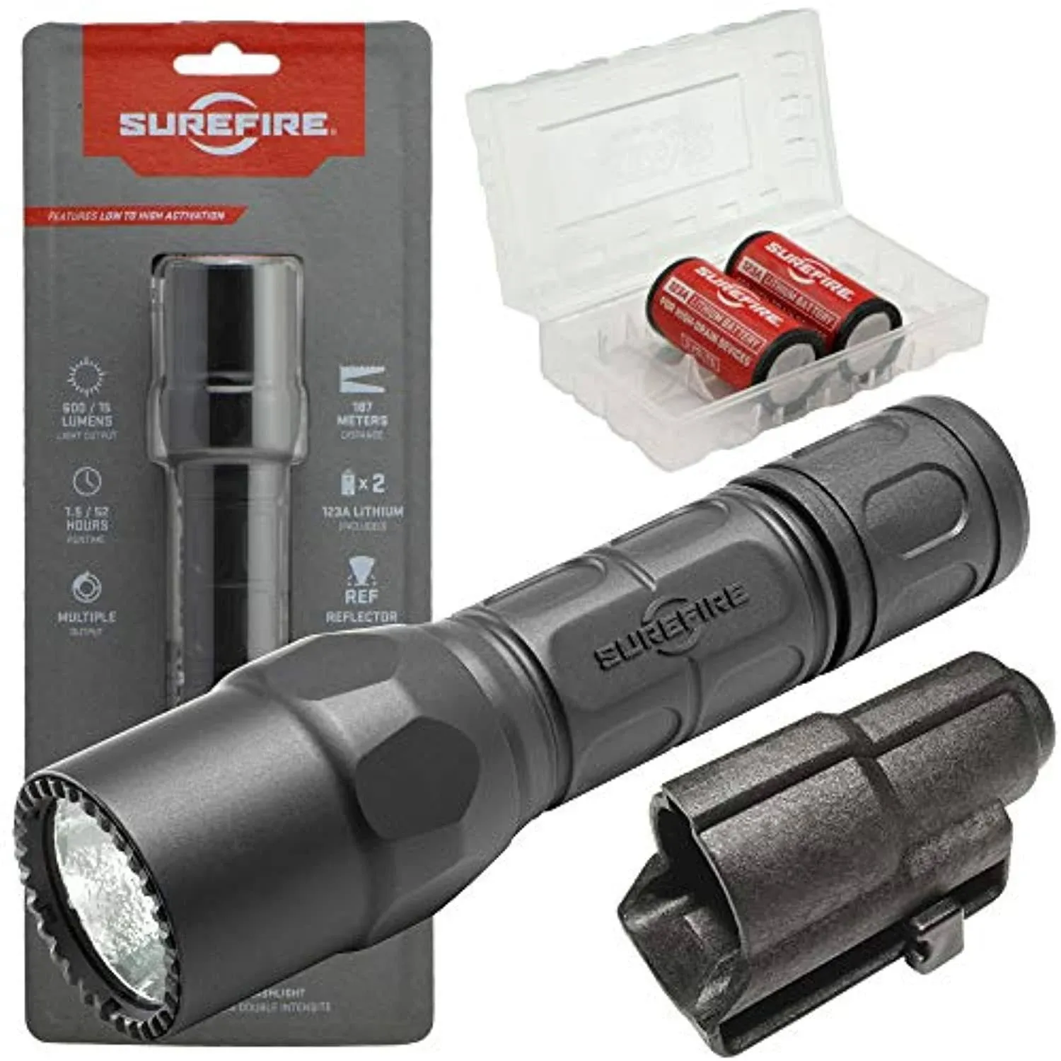 Surefire G2X Pro 600 Lumen Dual-Outputs LED Flashlight Bundle with V70 Holster, 2 Extra CR123A Batteries and Lightjunction Battery Case (Forest Green)