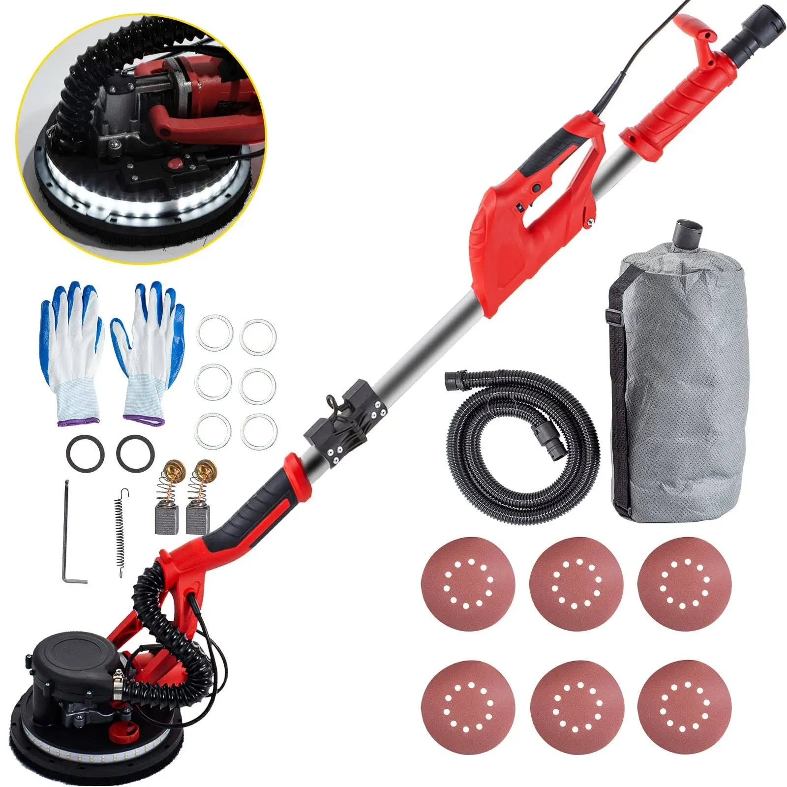 VEVOR Drywall Sander 750W, Electric Drywall Sander Variable Speed 800-1750 RPM, Foldable Sheetrock Sander with Telescope Handle, Electric Sander with LED Strip Light and Vacuum Bag, Wall Sander