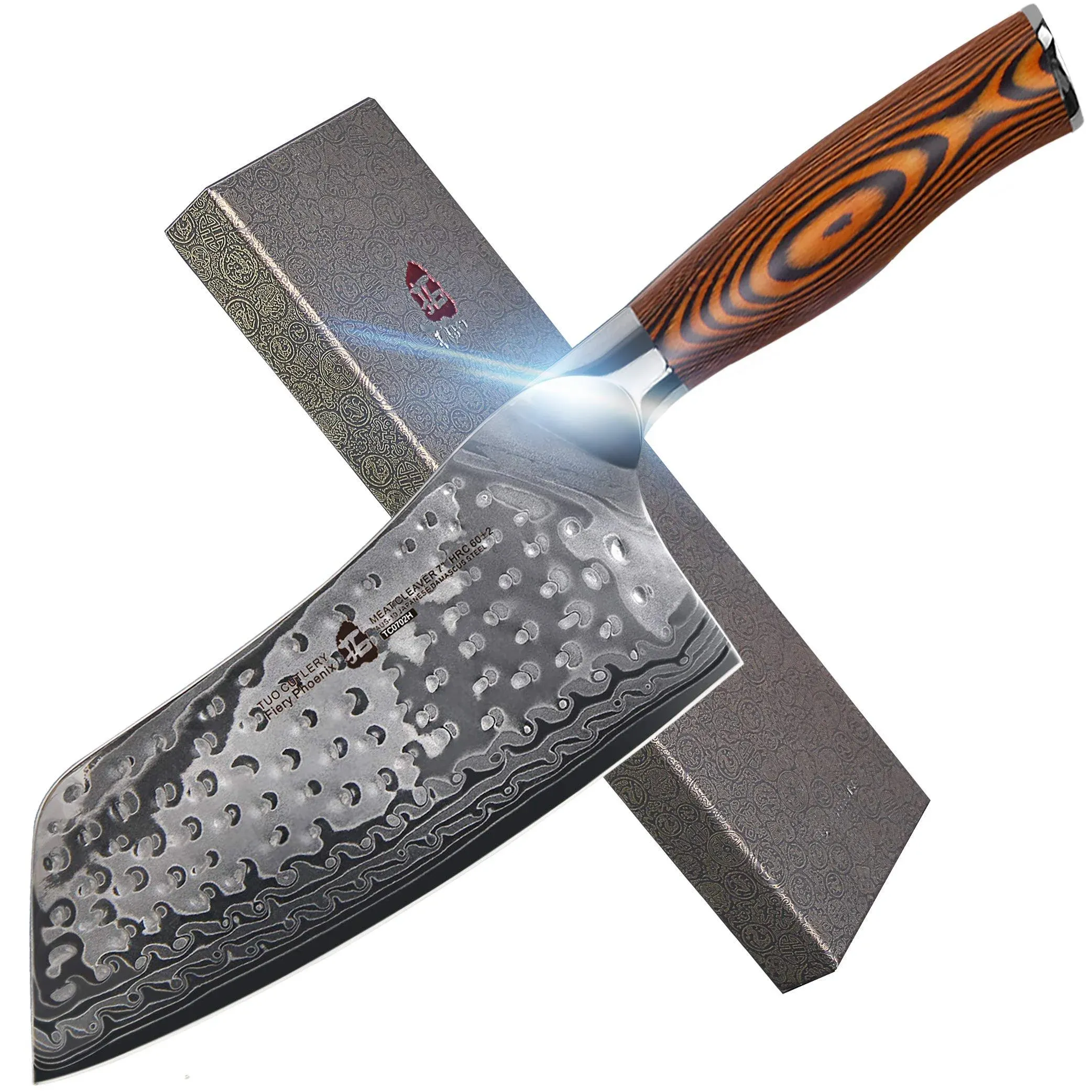 TUO Cutlery Cleaver Knife - Japanese AUS-10 Damascus Steel Hammered Finish - Chinese Chef's Knife for Meat and Vegetable with Ergonomic Pakkawood Handle - 7" - Fiery Phoenix Series 