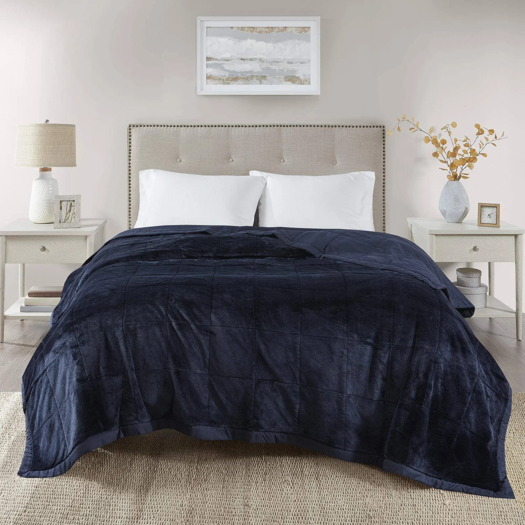 Madison Park Queen Cozy Blanket HeiQ Smart Temperature Plush to Microfiber Reverse Box Quilting, Reversible, Soft All Season, Lightweight Summer Cover, for Bed, Couch and Sofa, Full/Queen, Navy