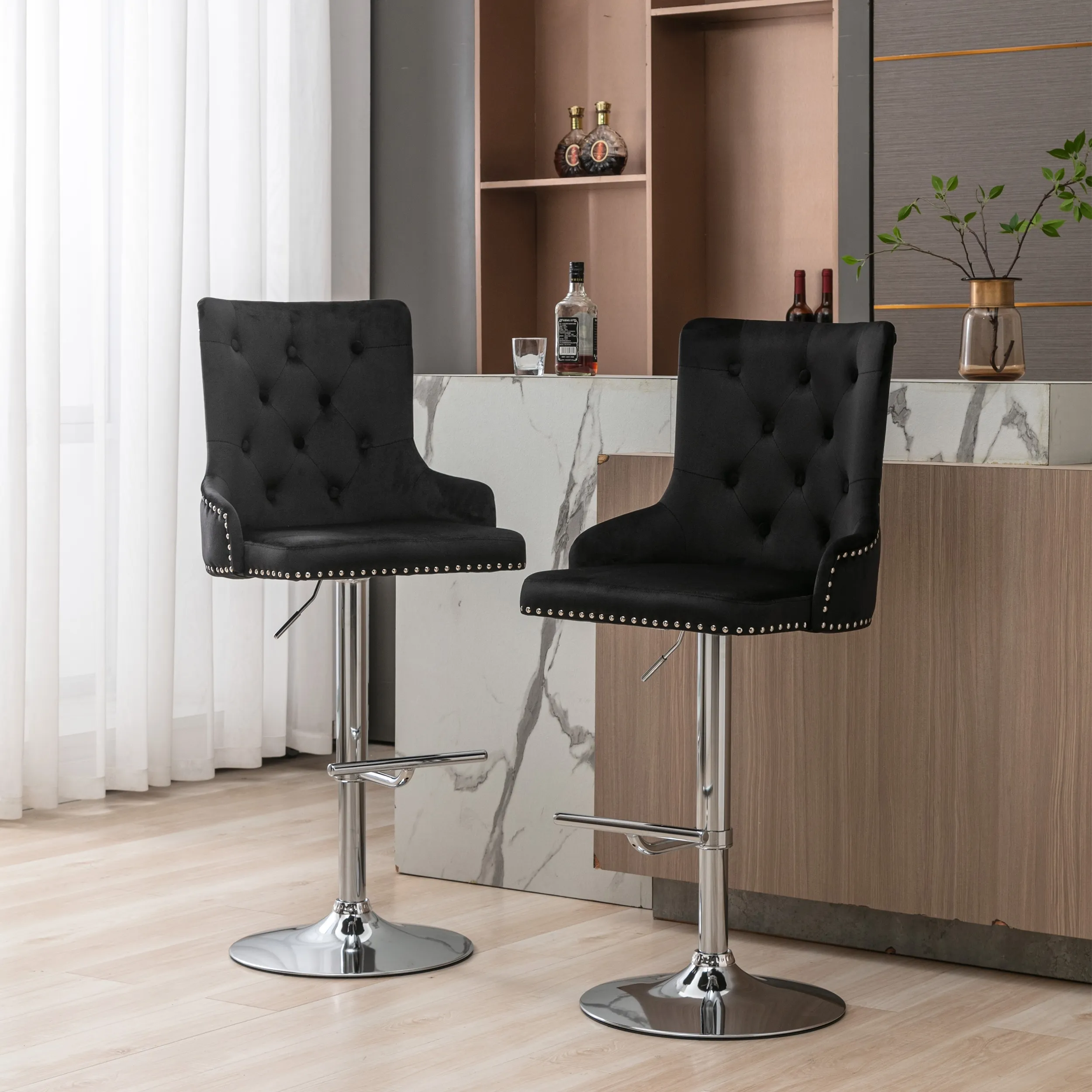 Swivel Velvet Barstools Adjusatble Seat Height , Modern Upholstered Bar Stools with Backs Comfortable Tufted for（Set of 2）