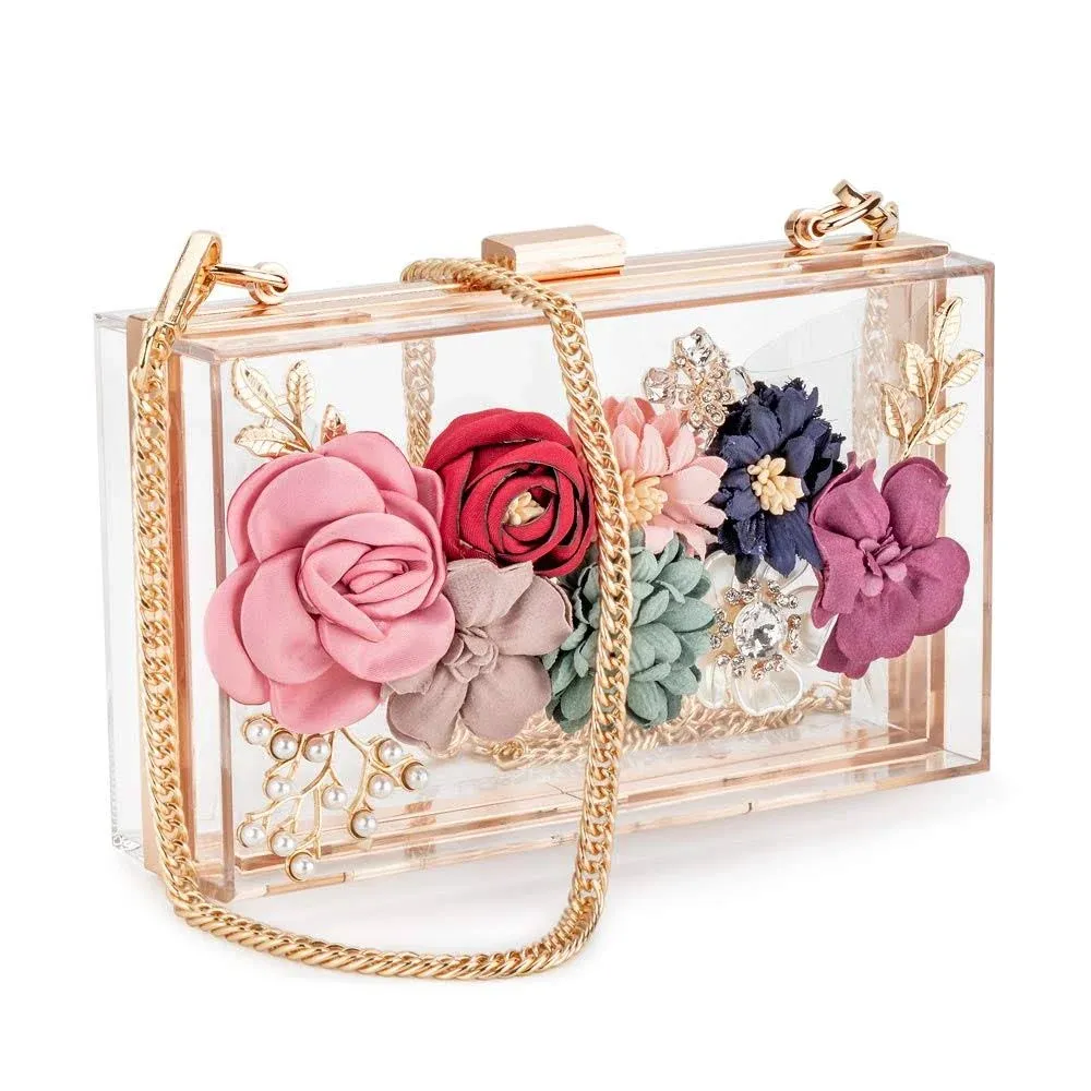 Candy and liu Women Acrylic Flower Clutches CrossbodyPurse Evening Bags Chain...