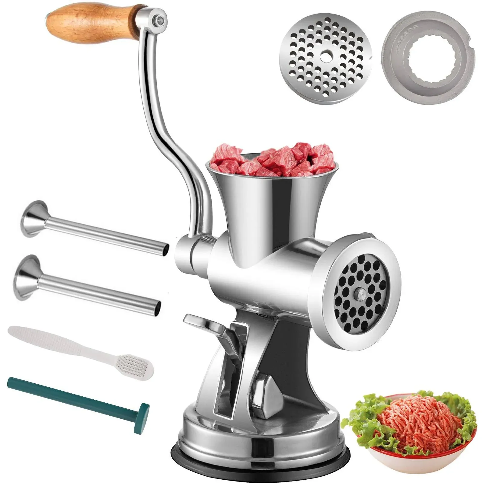 VEVOR Hand Operated 304 Stainless Steel Multifunction Crank Sausage Maker Powder Grinder Household Manual Meat Mincer for Beef Chicken Pepper Mushroom, 5, Silver