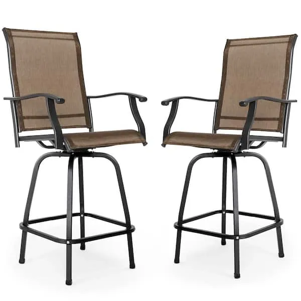 Nuu Garden 2 Black&Brown Iron Frame Swivel Bar Stool Chair(s) with Brown Sling Seat