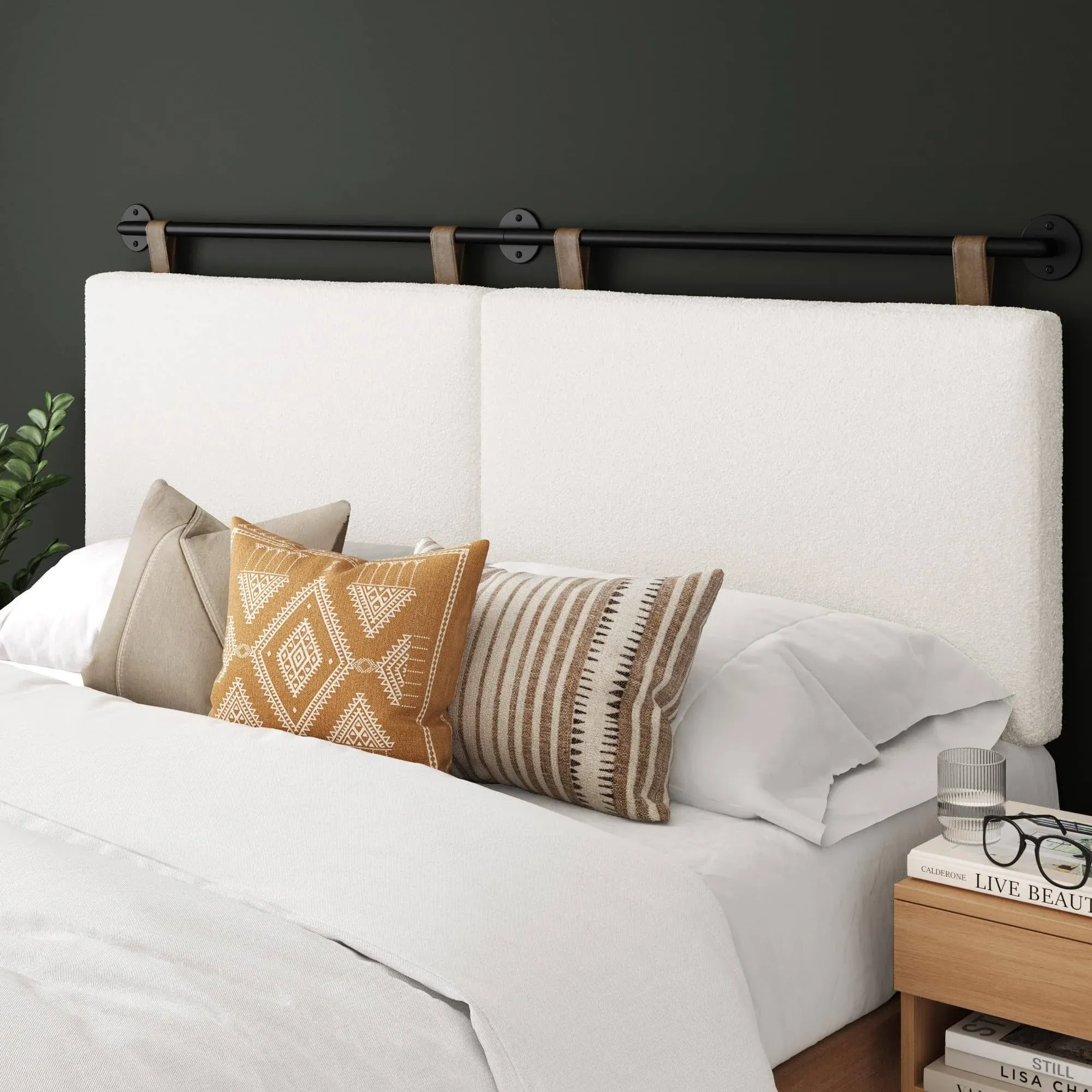 Nathan James Charlie Wall Mount Hanging Upholstered Headboard, Queen, White Boucle with Brown Faux Leather Straps