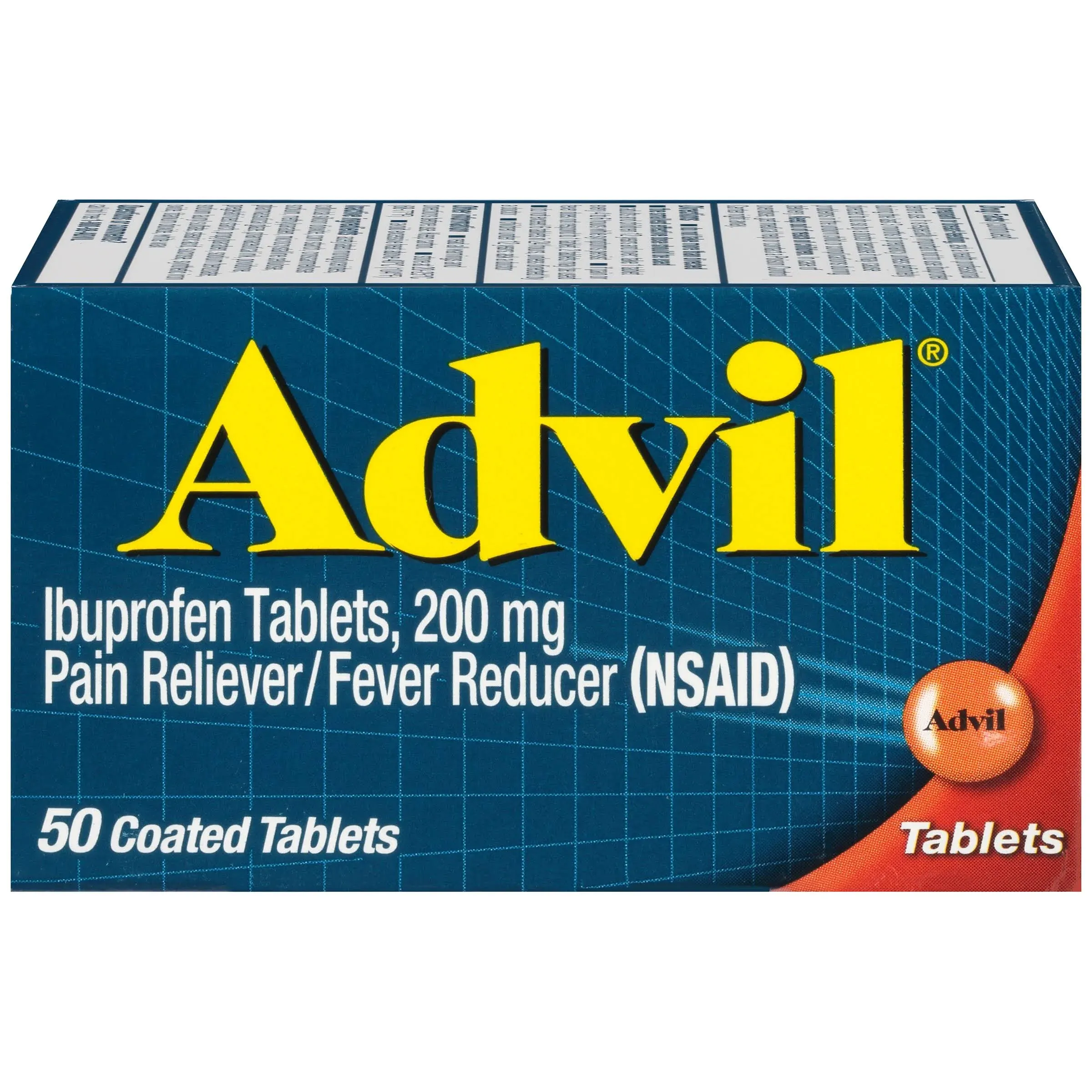 Advil 40933 Ibuprofen, Pain Reliever / Fever Reducer 200 mg Tablets, 50 Packets of 2