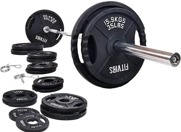 Signature Fitness Cast Iron Olympic 2-Inch Weight Plates Including 7ft Olympic ...