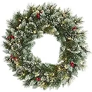 Nearly Natural 24in. Frosted Swiss Pine Artificial Wreath with 35 Clear LED Lights and Berries