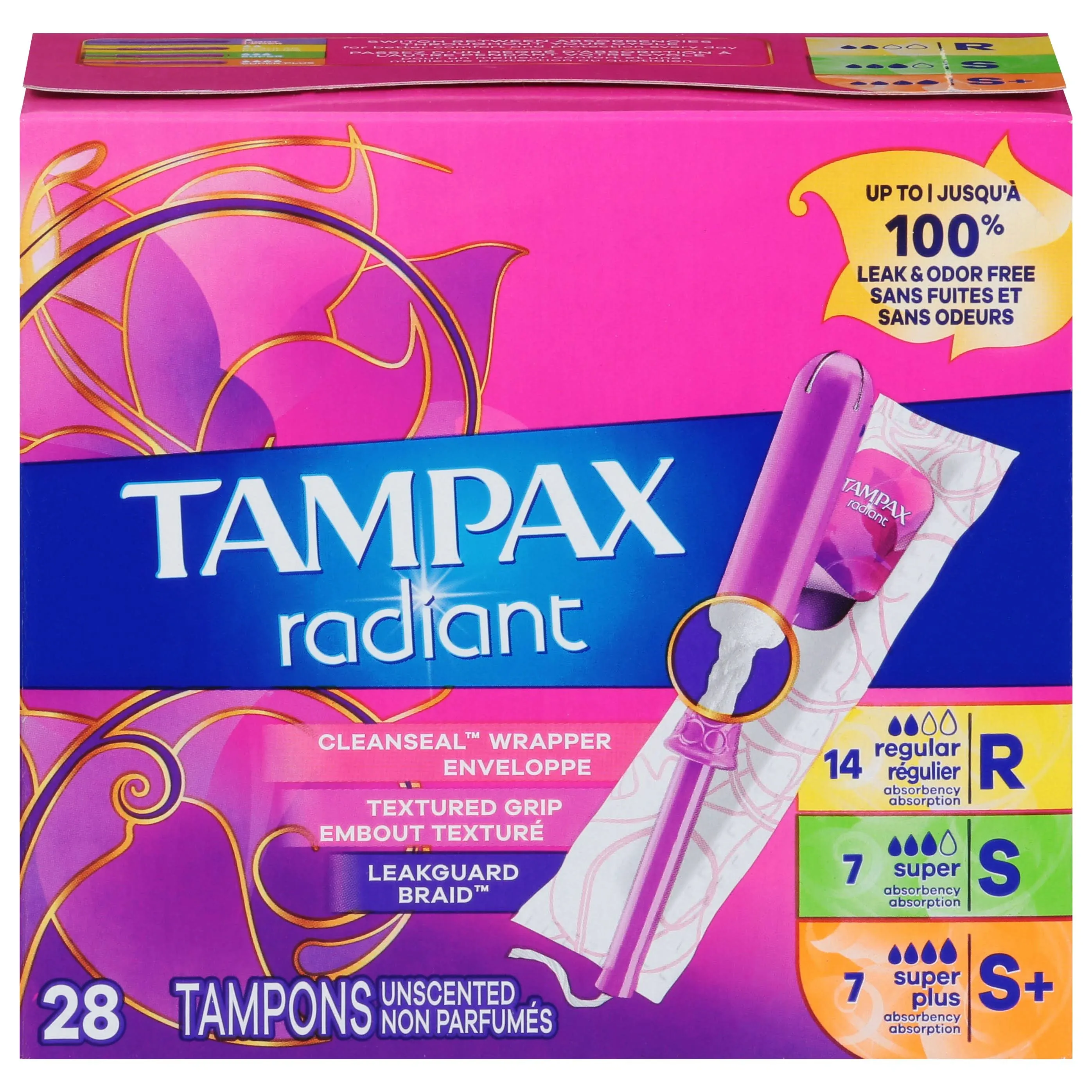 Tampax Radiant Tampons Trio Pack, Light/Regular/Super, Unscented (80 Count)