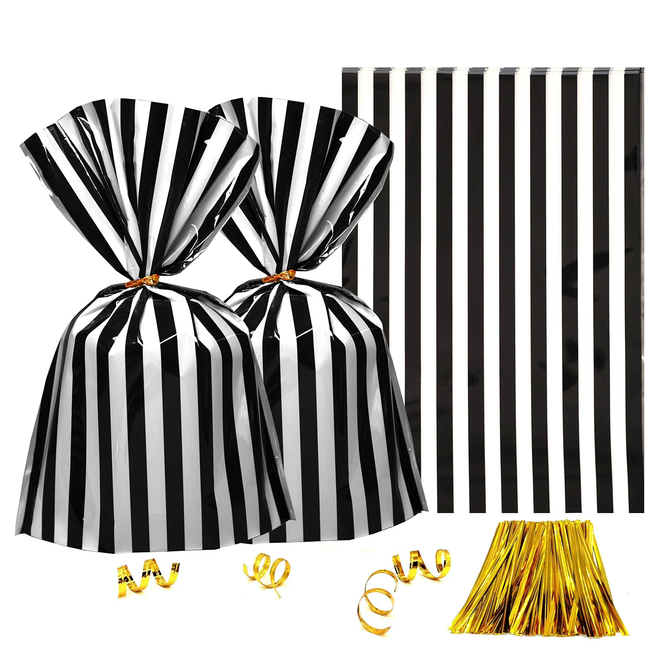 Clear Plastic Cellophane Treat Bags - Black White Stripes Party Favors Cello Bags Wedding Baby Shower Birthday Party Cookie Candy Treat Favors Bags, 100pc