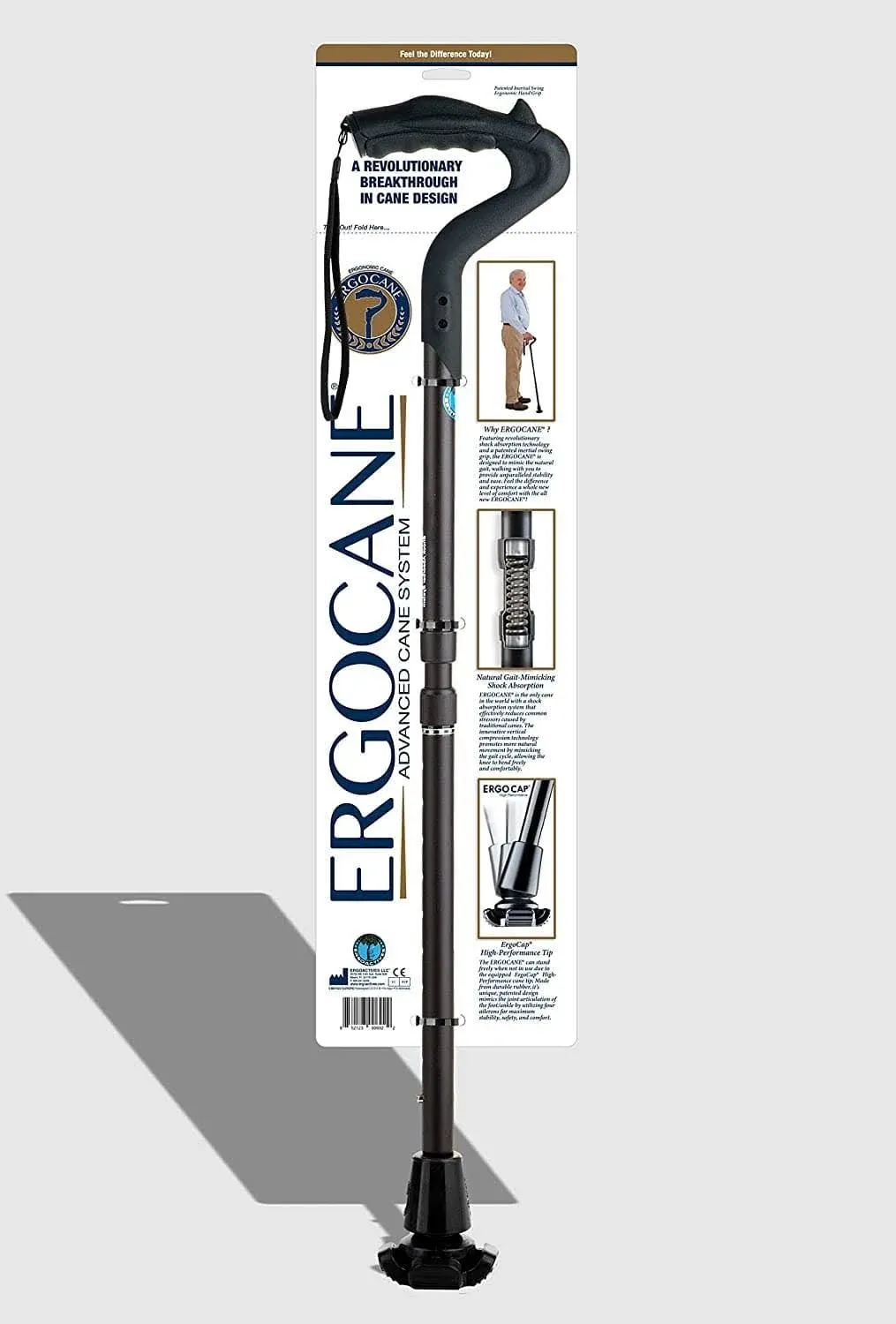 Ergocane 2G by Ergoactives As Seen On TV. Spring-Assisted Shock Absorber Fully-Adjustable Ergonomic Cane, Newly Released, Equipped with Stand Alone High Performance Rubber Tip (Matte Black Design)