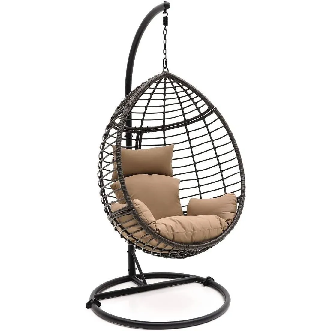 Hanging Egg Chair with Stand - Indoor Outdoor Patio Wicker Rattan Lounge Chair with Stand, Steel Frame, Washable Cushions for Garden Backyard Deck Sunroom - SereneLife SLGZ0EGBL.3 (Black)