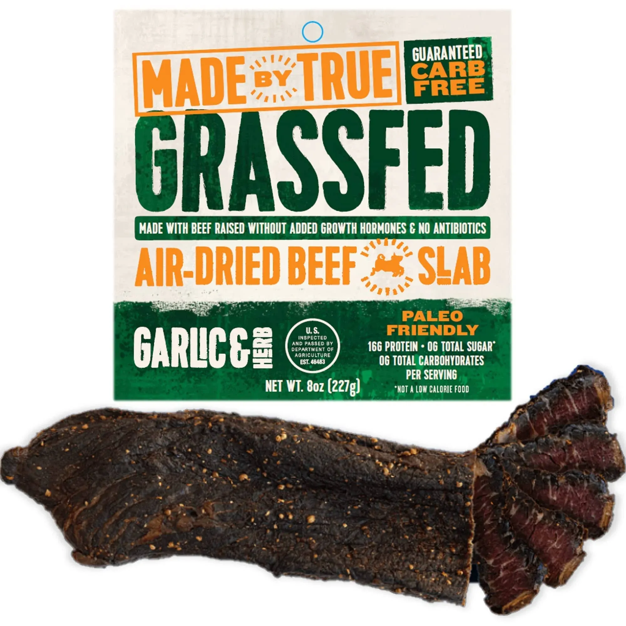 Made by True Garlic & Herb Biltong Slab - Grass Fed Beef Whole Jerky Slab (8 oz, Pack of 1) - High Protein All Natural Keto Meat Snack - Antibiotic-Free, Gluten Free & No Carb - (Uncut Charcuterie Slab)