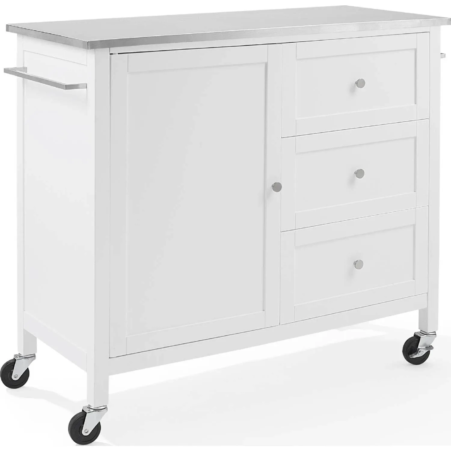 Soren White Kitchen Island with Stainless Steel Top