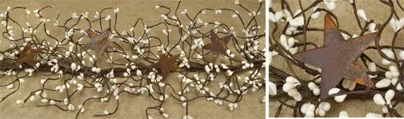 Pip Berry Garland with Rusty Tin Stars in Ivory - 40&#034; Long - Primitive