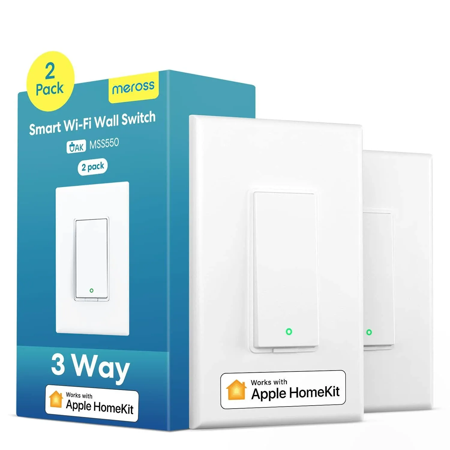 3 Way Smart Switch, Meross Smart Light Switch Supports Apple HomeKit, Siri, Alexa, Google Assistant & SmartThings, 2.4Ghz WiFi Light Switch Neutral Wire Required, Remote Control Timer 2 Pack