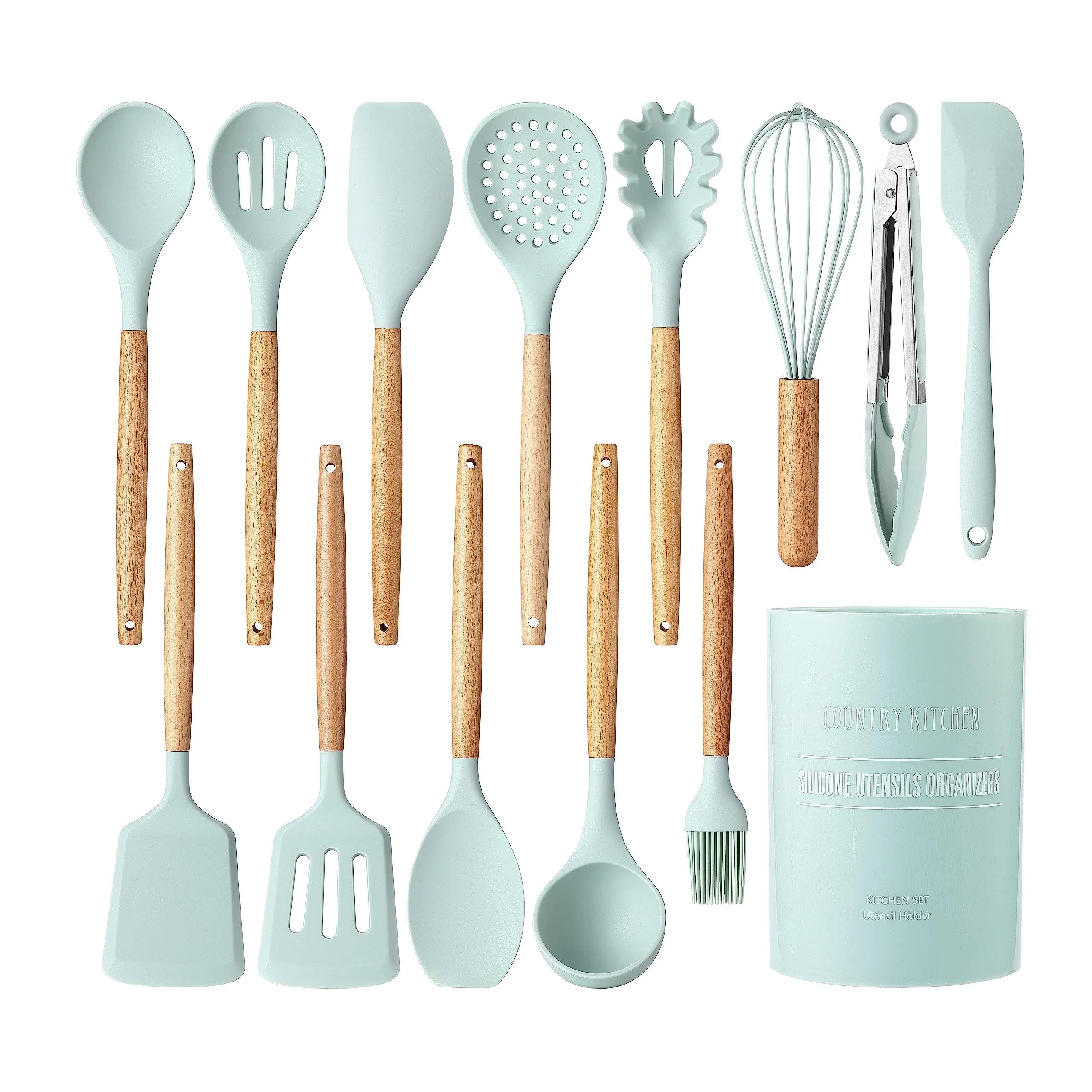 Silicone Cooking Utensils 14 Pc Kitchen Utensil Set Easy to Clean Wooden Kitc...