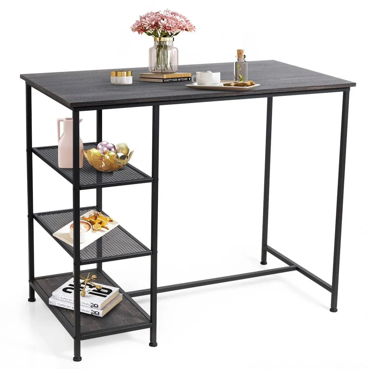 Costway Bar Pub Table Industrial Counter Black Dining Table with Metal