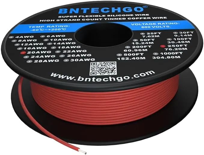 BNTECHGO 20 Gauge Silicone Wire Spool 250 ft Red Flexible 20 AWG Stranded Tinned ...