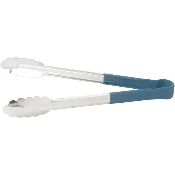 Winco UTPH-12B Blue Polypropylene Handle 12" Long Heat-Resistant Heavy-Duty Stainless Steel Utility Tongs