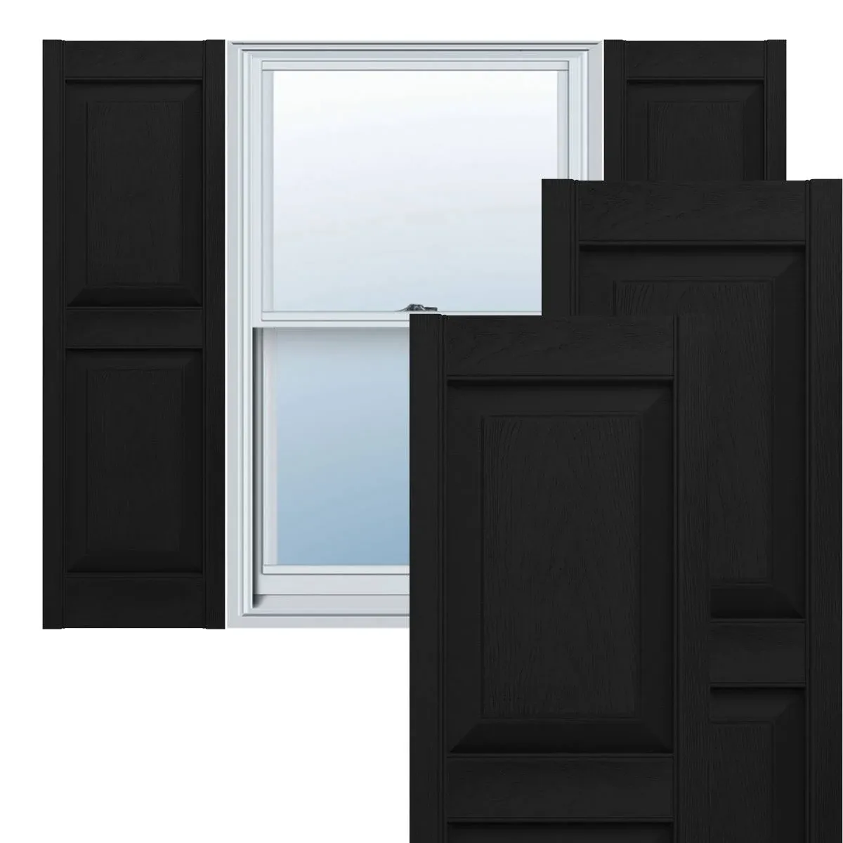 14 3/4"W x 31"H Lifetime Vinyl, Standard Two Equal Panels, Raised Panel Shutters, w/Installation Shutter-Lok's & Matching Screws (Per Pair), Black