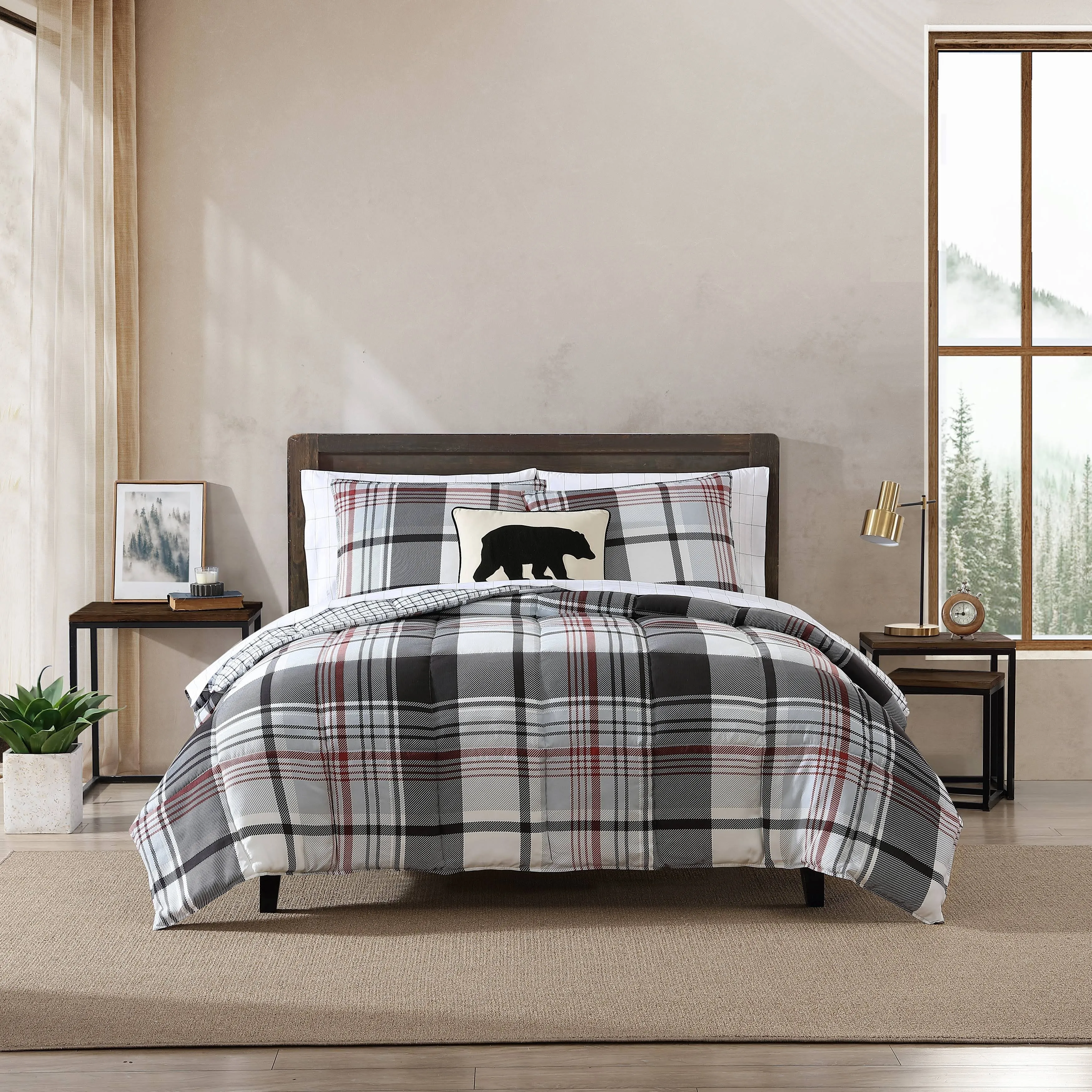 Eddie Bauer - King Comforter Set, Plaid Reversible Bedding, Stylish & Warm Home Decor (Normandy Grey, King),Grey/White/Beige